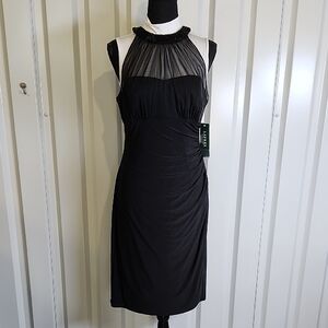 Lauren Ralph Lauren Evening Black Sheer Neck Halter Jersey Midi Dress Sz 10 NWT
